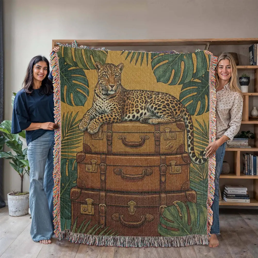 Majestic leopard on vintage leather trunks in luxury maximalist jungle woven tapestry throw