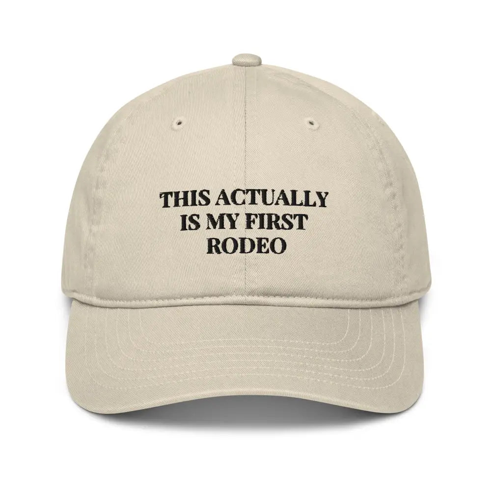 Light beige rodeo embroidered organic baseball cap with phrase