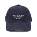 Vintage navy blue embroidered corduroy cap with story forward design