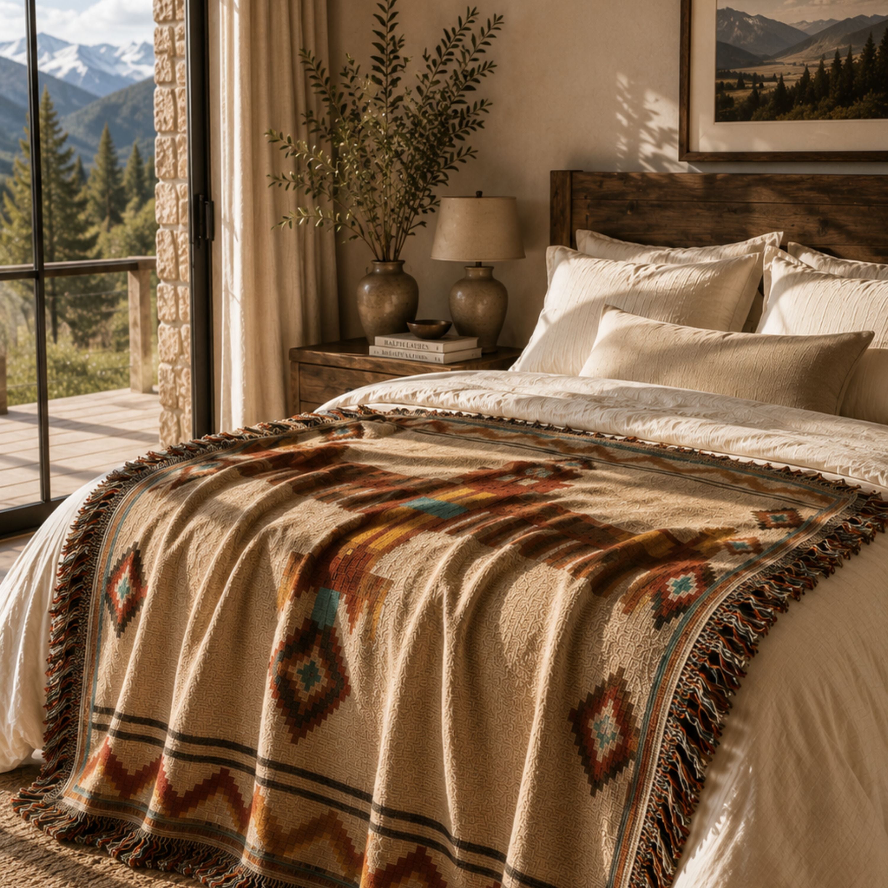 Thunderbird Southwestern woven cotton throw blanket styled across a bed in a rustic cabin bedroom — Trini Skies