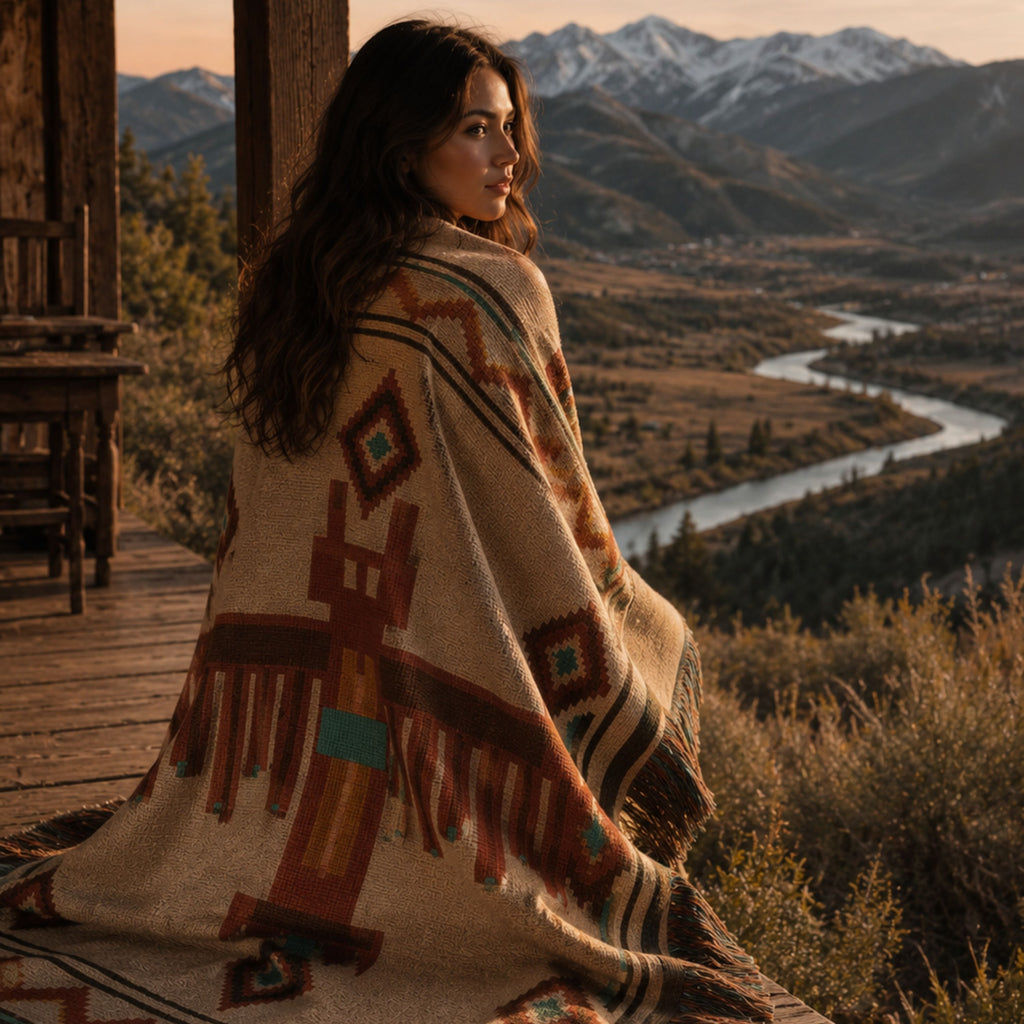 Woman wrapped in a Thunderbird Southwestern woven cotton throw blanket on a porch overlooking a mountain valley at golden hour — Trini Skies