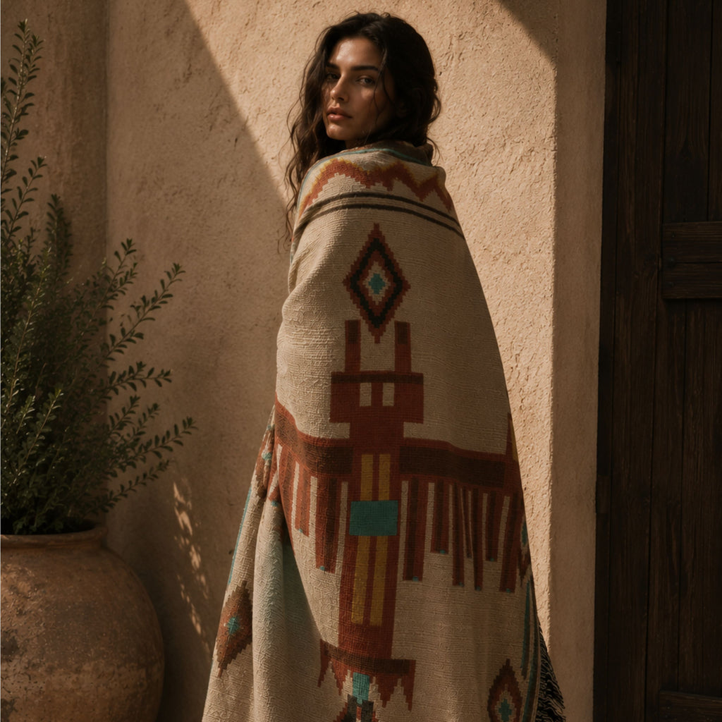 Woman wrapped in the Thunderbird woven cotton throw against an adobe wall, showing the Southwestern thunderbird motif and fringe — Trini Skies