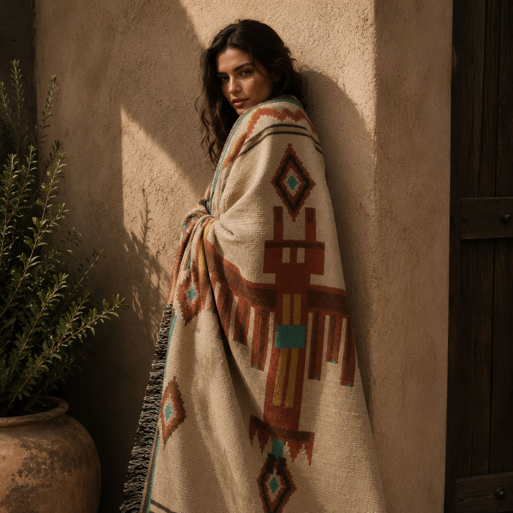 Thunderbird woven cotton throw draped over a woman's shoulders, detail of the turquoise and clay Southwestern weave — Trini Skies