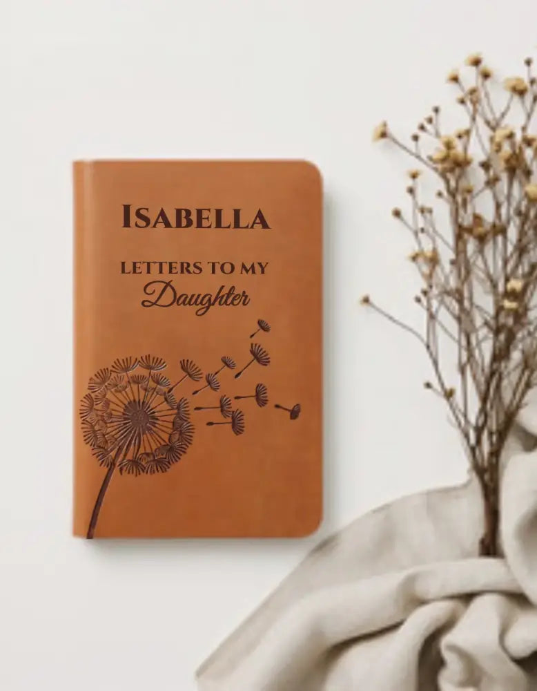 Personalized vegan leather journal with dandelion design for daughter