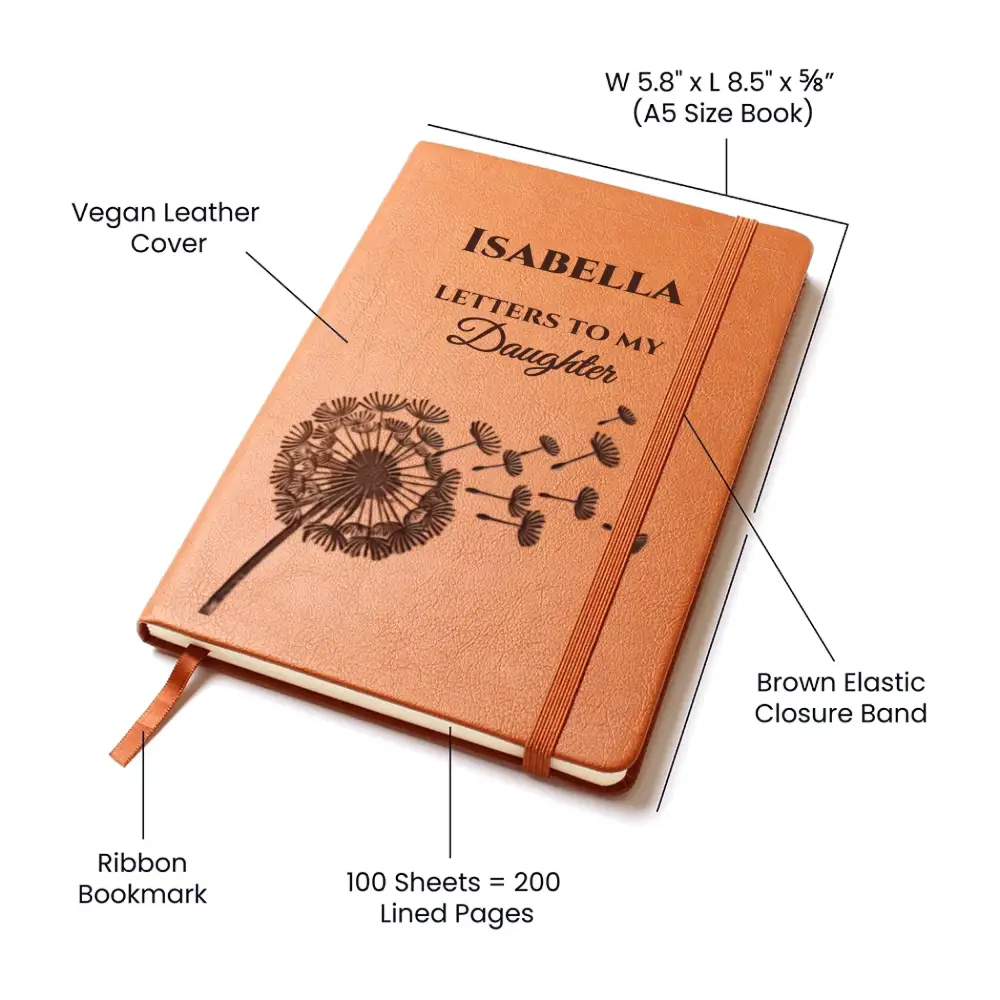 Brown vegan leather journal with dandelion design and ribbon bookmark