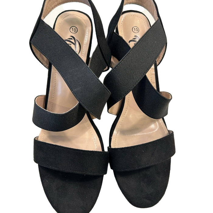 Trary Black / 10 Trary Women's Chunky Heels: Open Toe Strappy Sandals, Elastic Ankle Strap, SZ 10