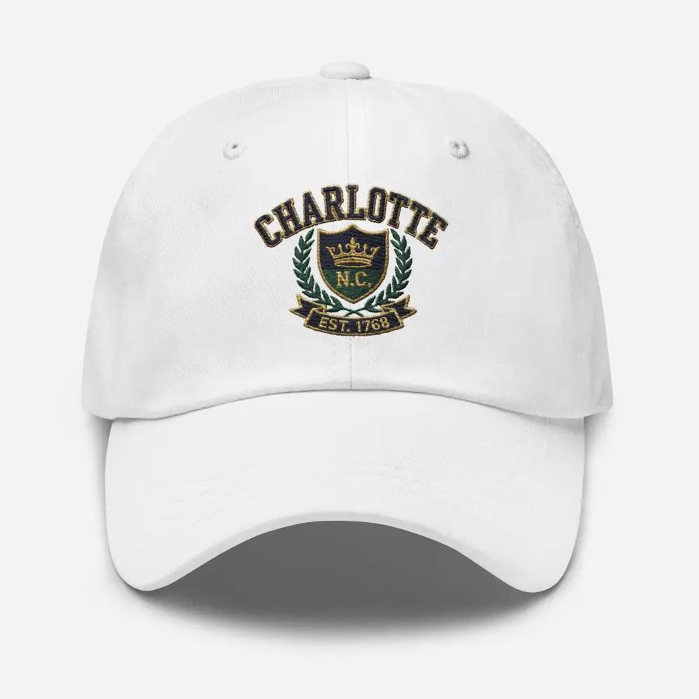White dad hat embroidered with Charlotte NC, travel gift cap