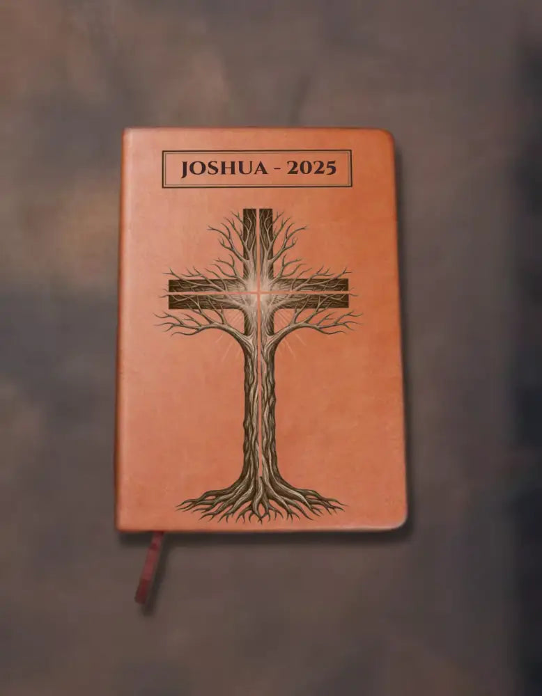 Orange-brown vegan leather tree cross journal with red bookmark