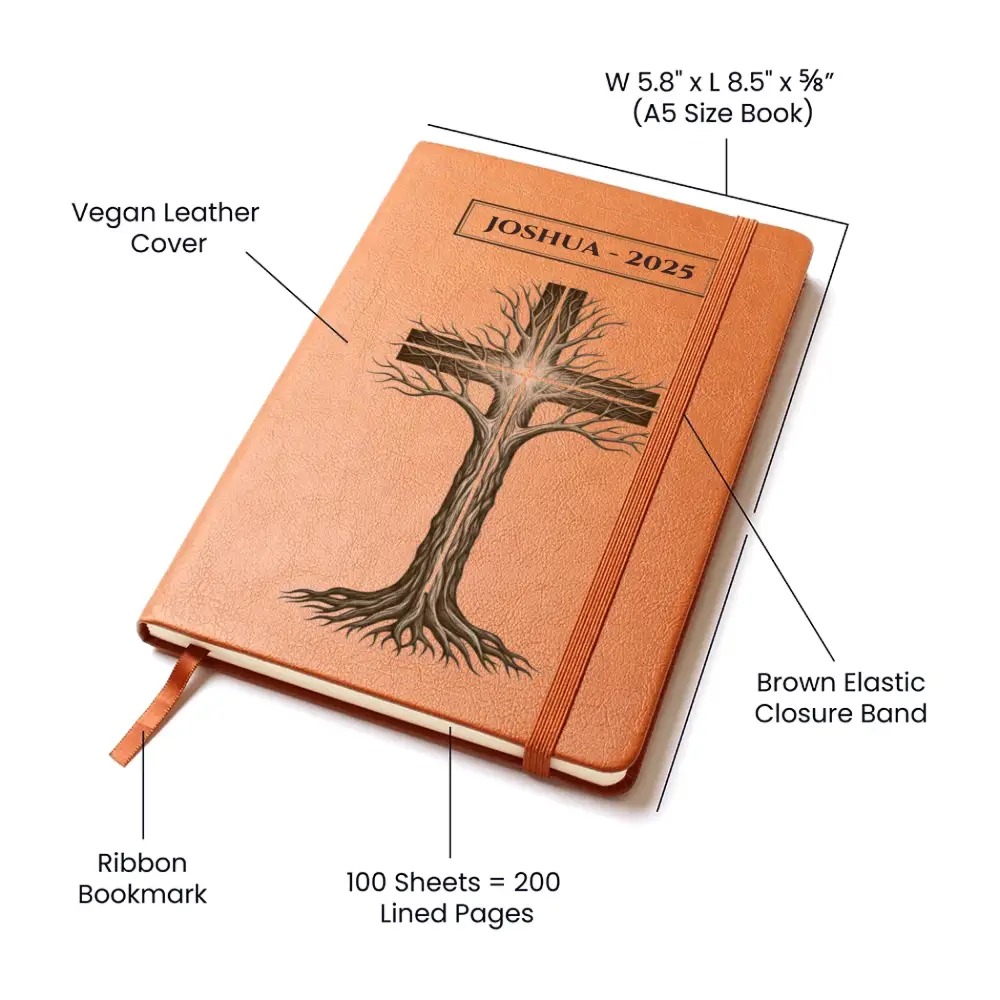 Brown vegan leather tree cross journal with ribbon bookmark and elastic closure