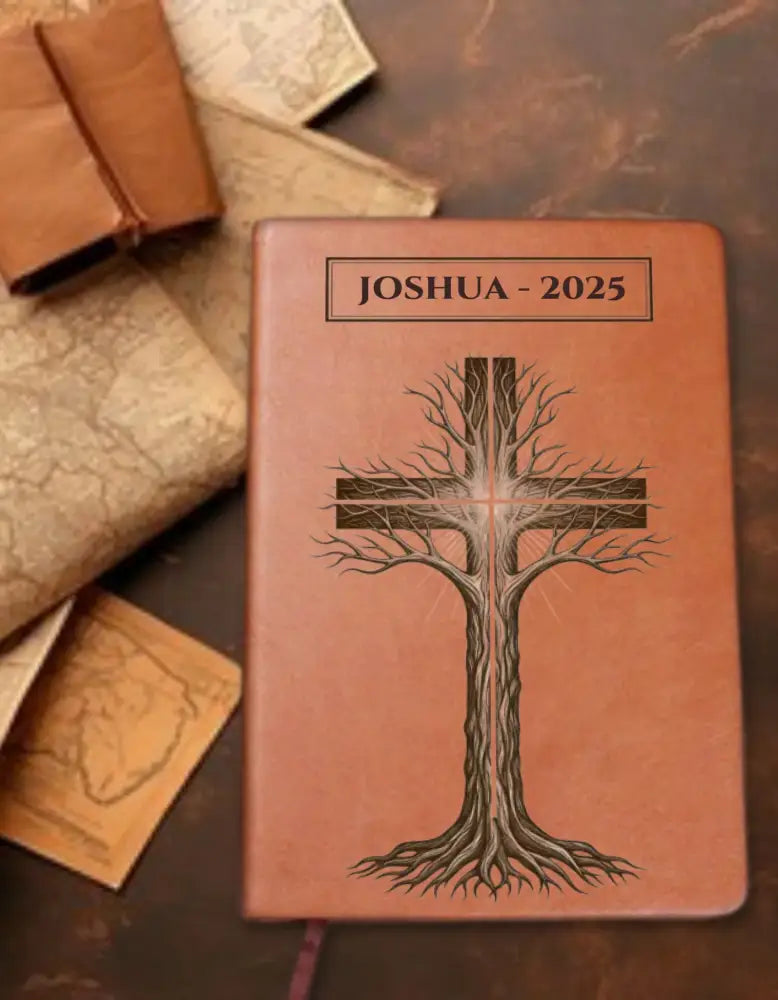 Personalized tree cross journal in brown vegan leather with tree-shaped cross design