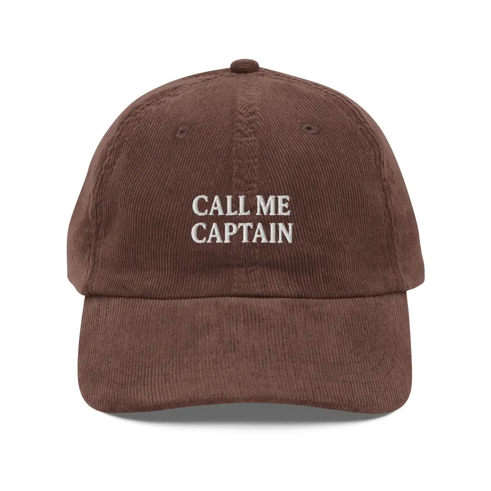 Trini Skies embroidered corduroy cap with Call me Captain hat design