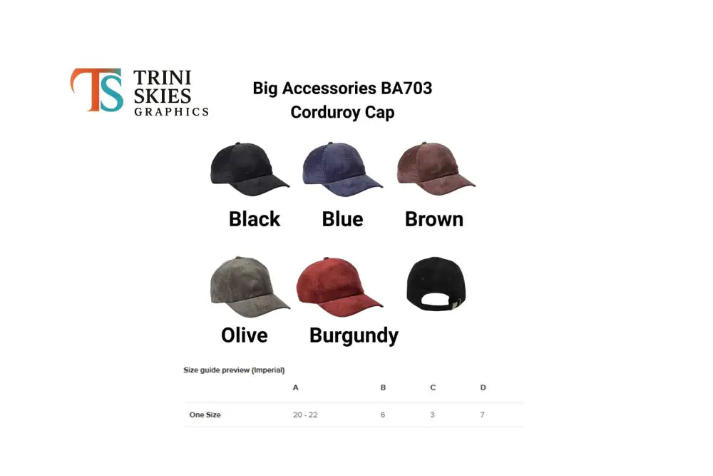 Trini Skies Call me Captain embroidered corduroy cap in black, blue, brown, olive, burgundy with size guide