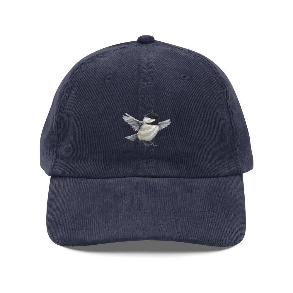 Trini Skies embroidered chickadee vintage corduroy cap in navy blue