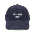 Trini Skies Fishing embroidered corduroy cap in dark blue with white RUN THE RIP text