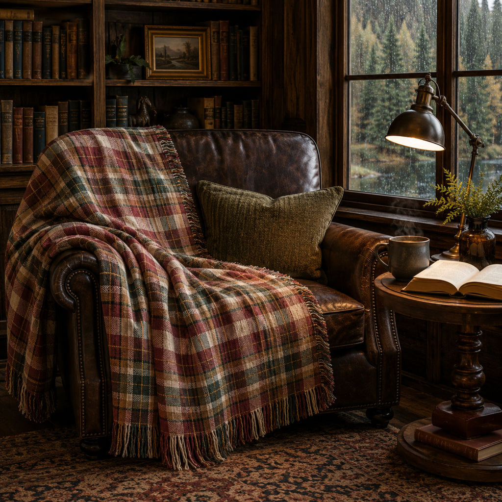 The Hearthstone red and green plaid woven throw draped over a leather chair in a cabin library — Trini Skies