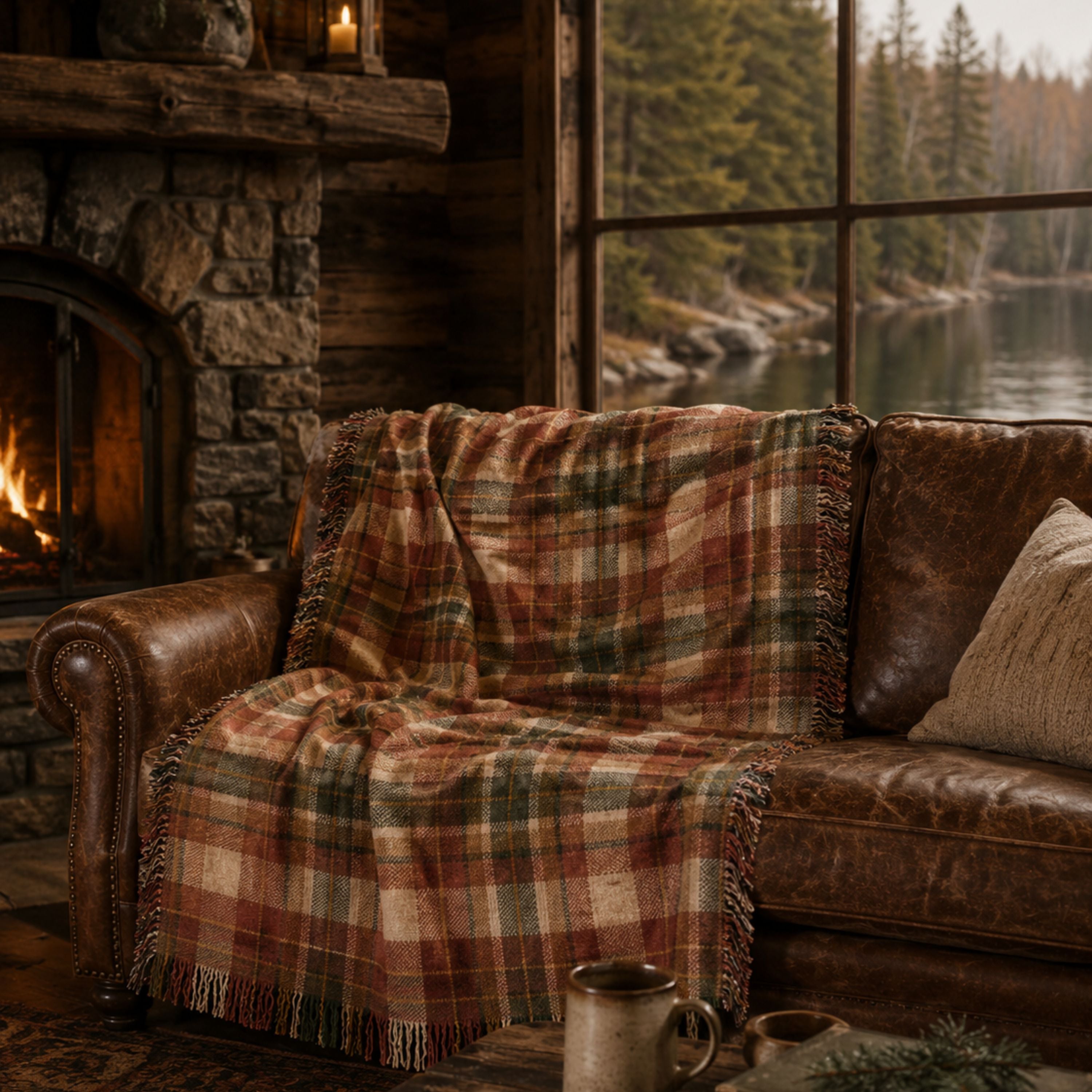 The Hearthstone plaid woven throw layered on a leather sofa beside a stone fireplace — Trini Skies