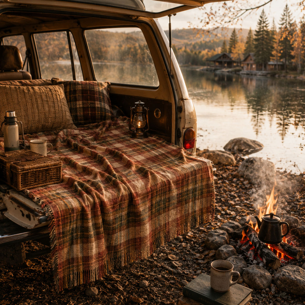 The Hearthstone plaid woven cotton throw by a camper van and campfire at a lakeside camp — Trini Skies