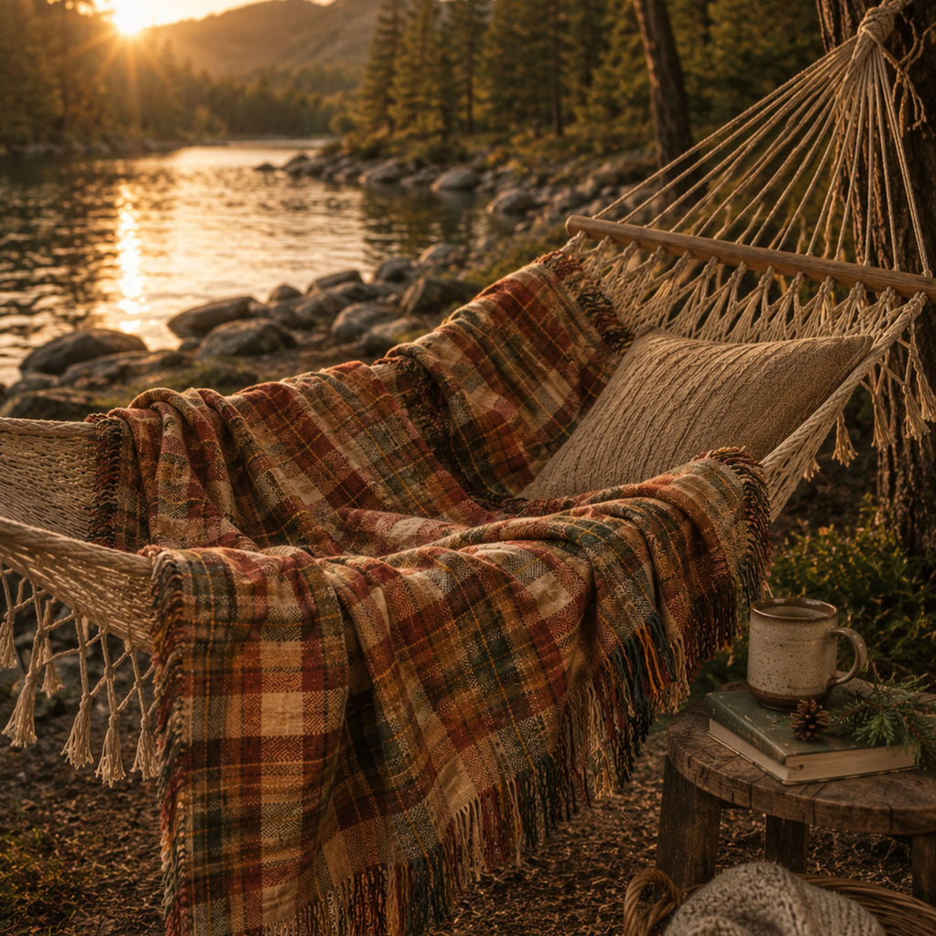 The Hearthstone plaid woven throw blanket draped across a hammock by the lake at sunset — Trini Skies