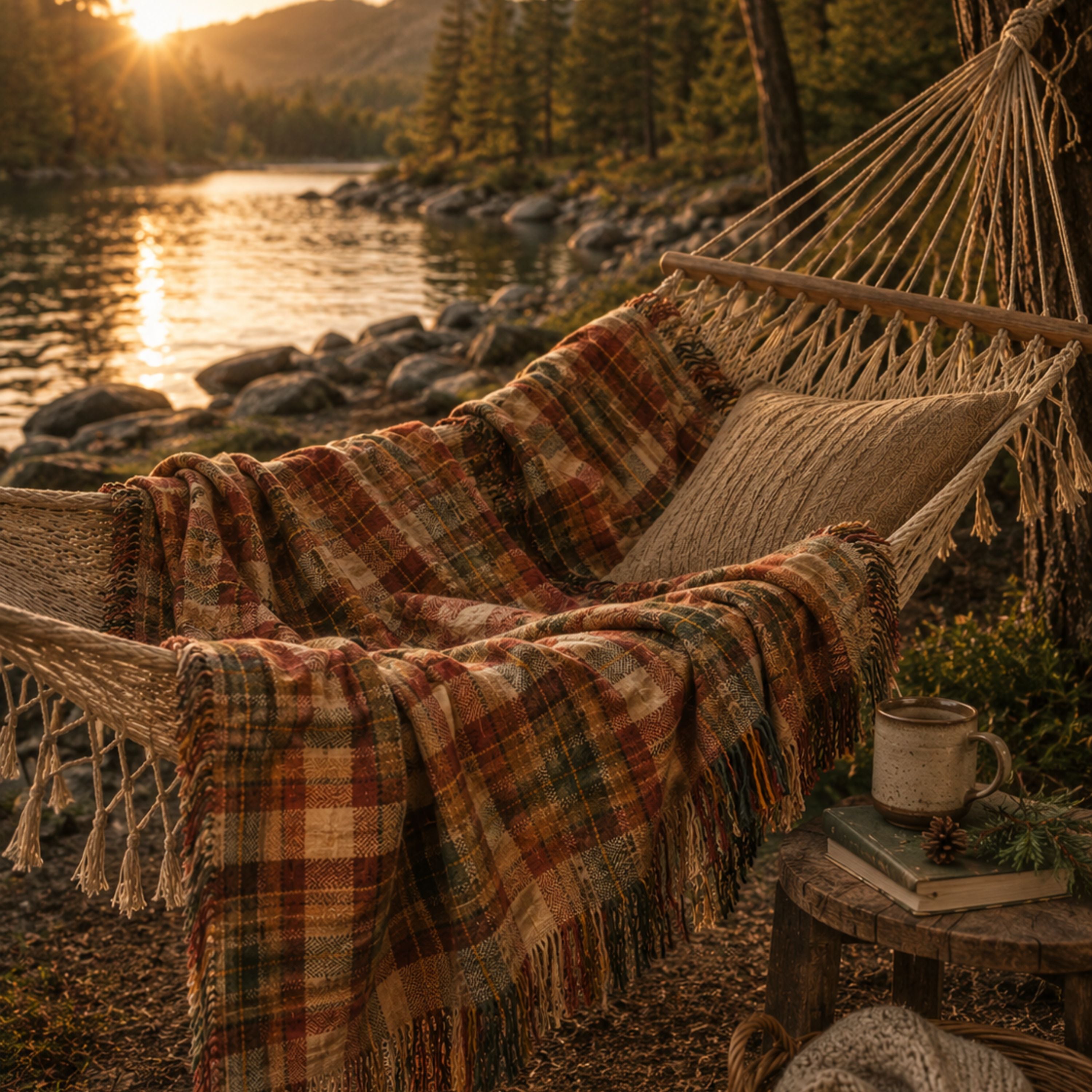 The Hearthstone plaid woven throw blanket draped across a hammock by the lake at sunset — Trini Skies