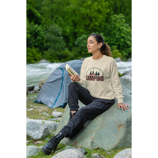 Trini Skies Life Is Always Better Camping Graphic Long Sleeve Pullover Crewneck Sweatshirt