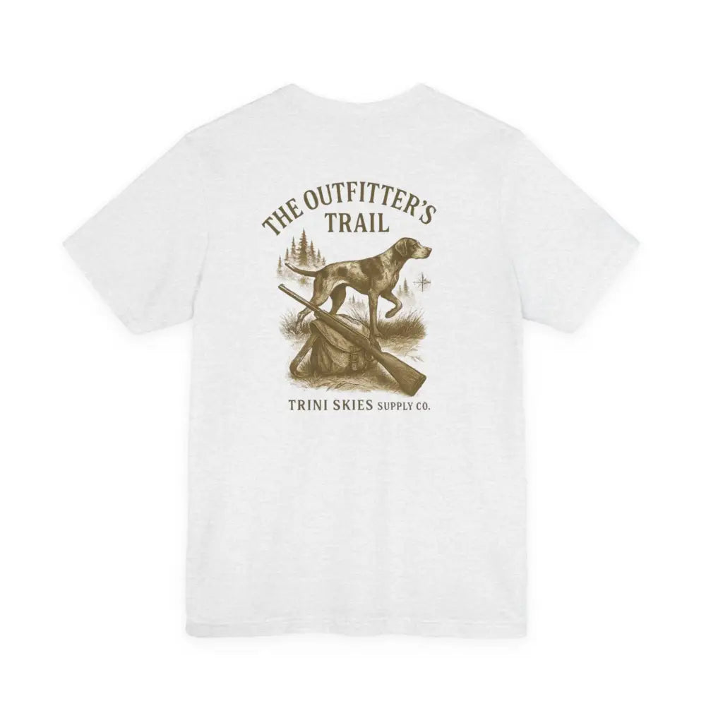 White Trini Skies Outfitter’s Trail Hunting Dog T-Shirt with brown dog graphic