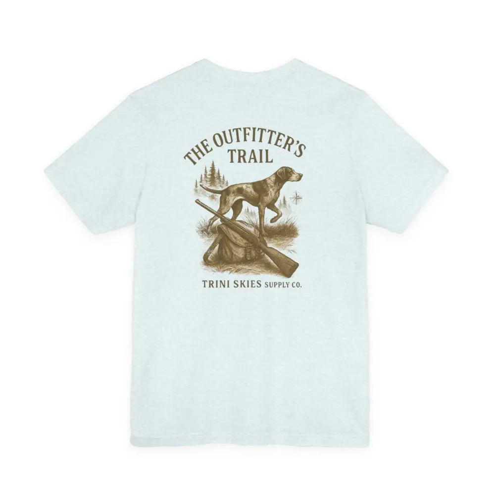 Light blue cotton Trini Skies Outfitters Trail Hunting Dog Tee with vintage dog and canoe graphic