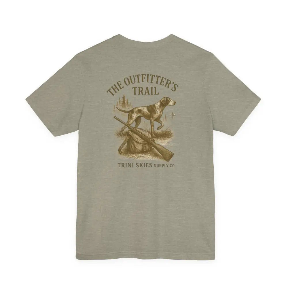 Olive green cotton Trini Skies Outfitter’s Trail Hunting Dog Tee with dog graphic