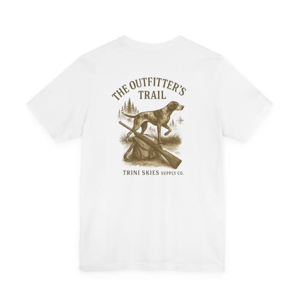White Trini Skies Outfitter’s Trail Hunting Dog T-Shirt with brown graphic