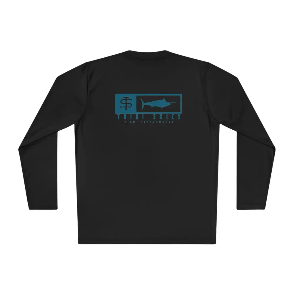 Trini skies performance fishing long sleeve shirt with teal marlin graphic
