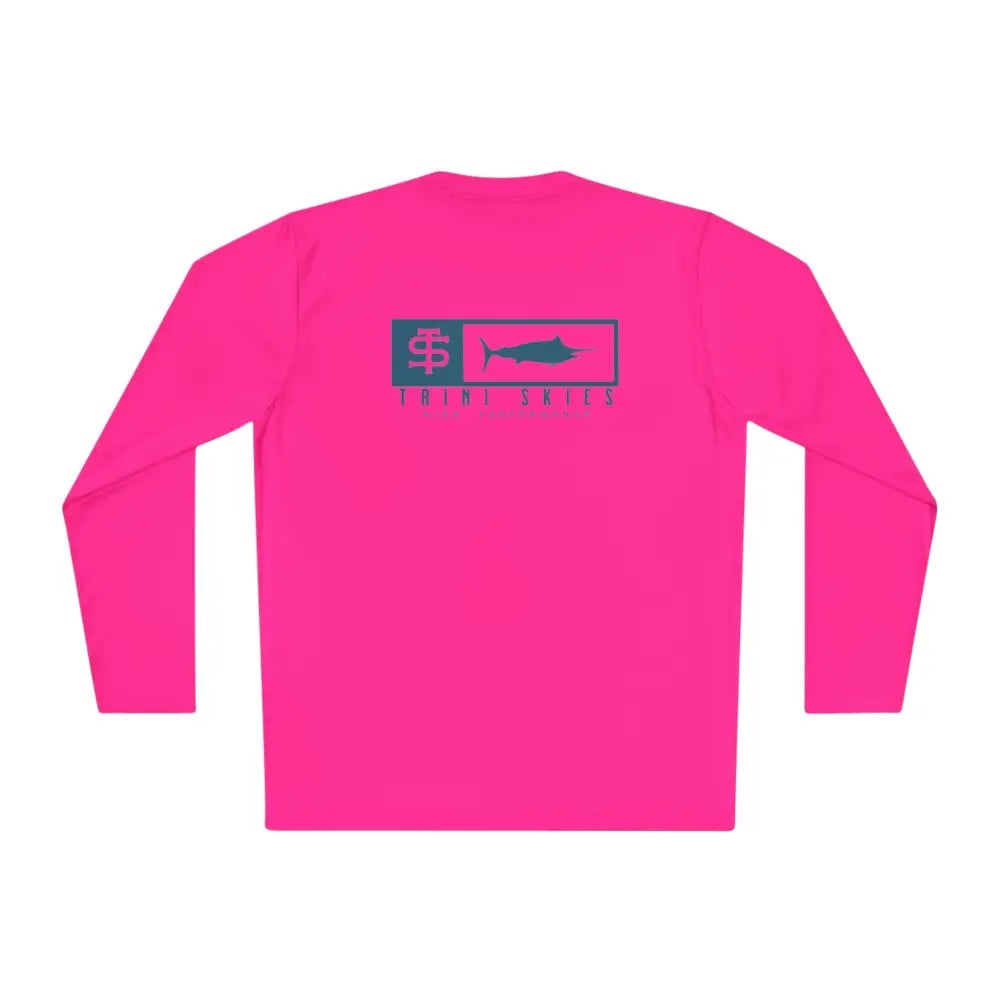 Trini Skies Performance fishing long sleeve shirt with pink fabric, teal fish logo and UV protection