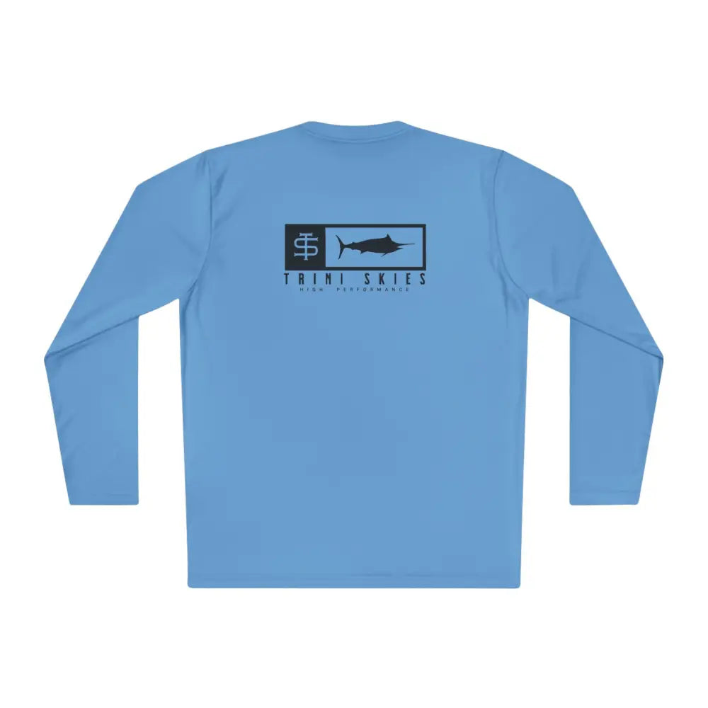Trini skies performance light blue long sleeve shirt with marlin logo