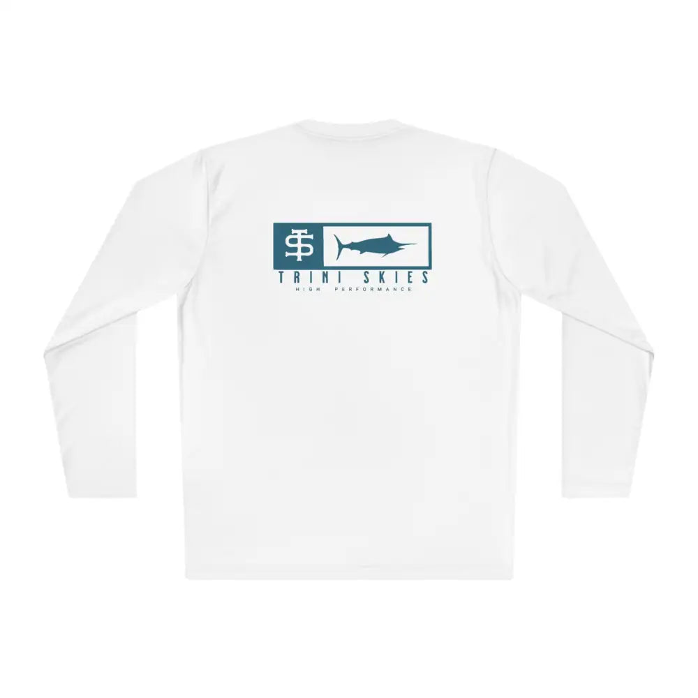 Trini Skies Performance fishing long sleeve shirt with teal marlin logo