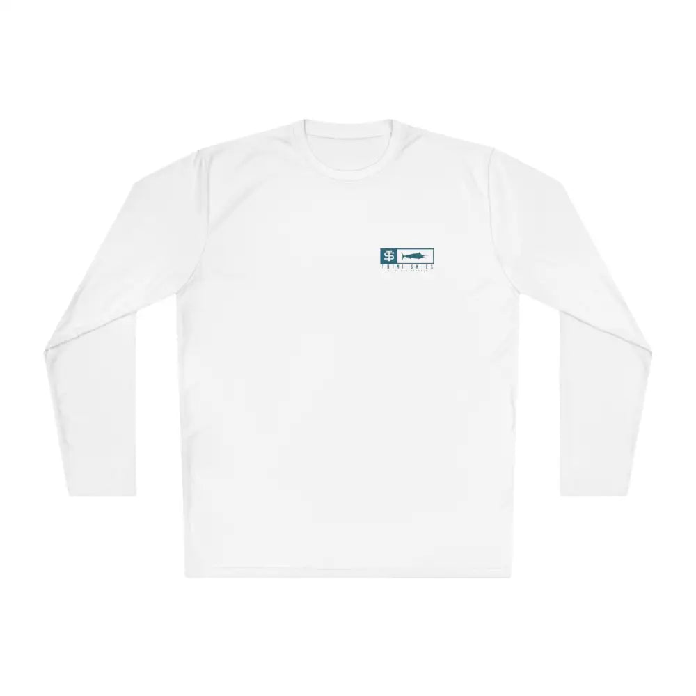 Trini Skies Performance fishing long sleeve shirt with white fabric and teal black logo