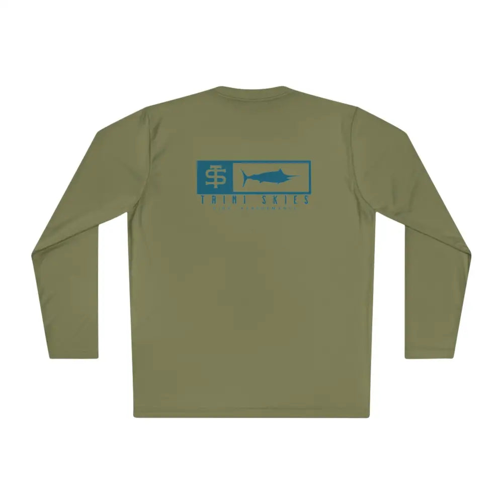 Trini Skies Performance fishing long sleeve shirt with olive green marlin graphic