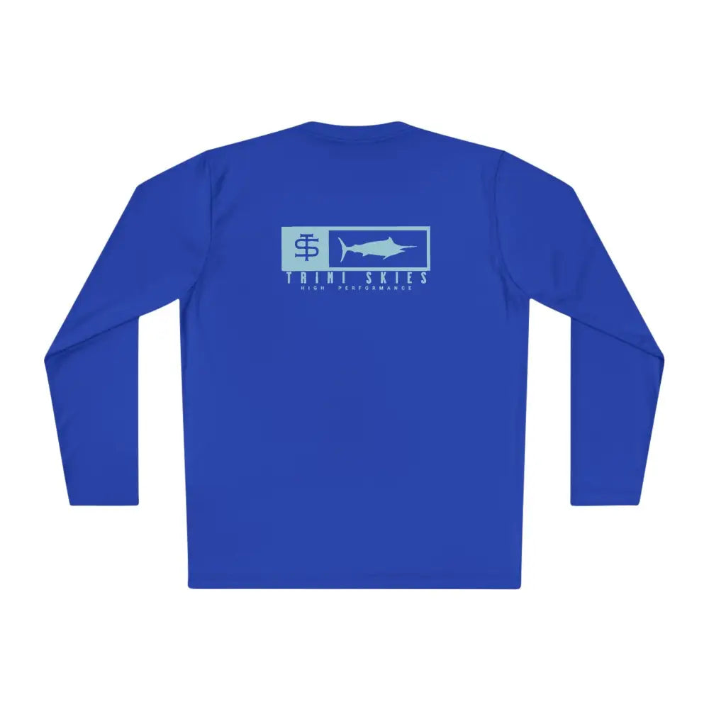 Trini Skies performance fishing long sleeve shirt in royal blue with UV protection and teal marlin logo