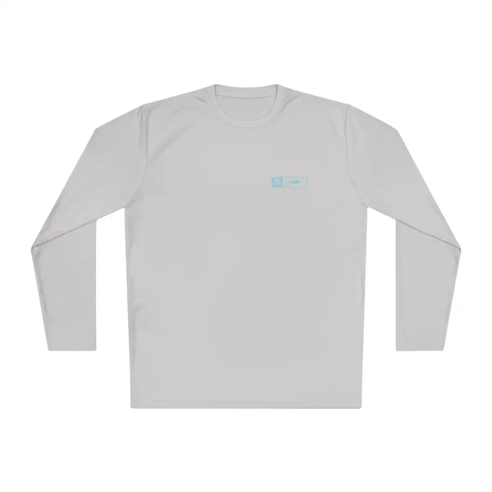 Trini Skies performance fishing long sleeve shirt in light gray with blue logo