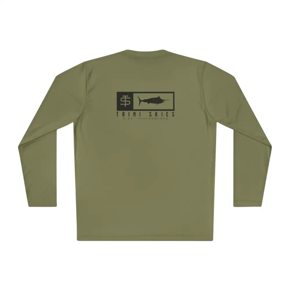 Trini Skies performance olive green long-sleeve UV shirt with marlin logo