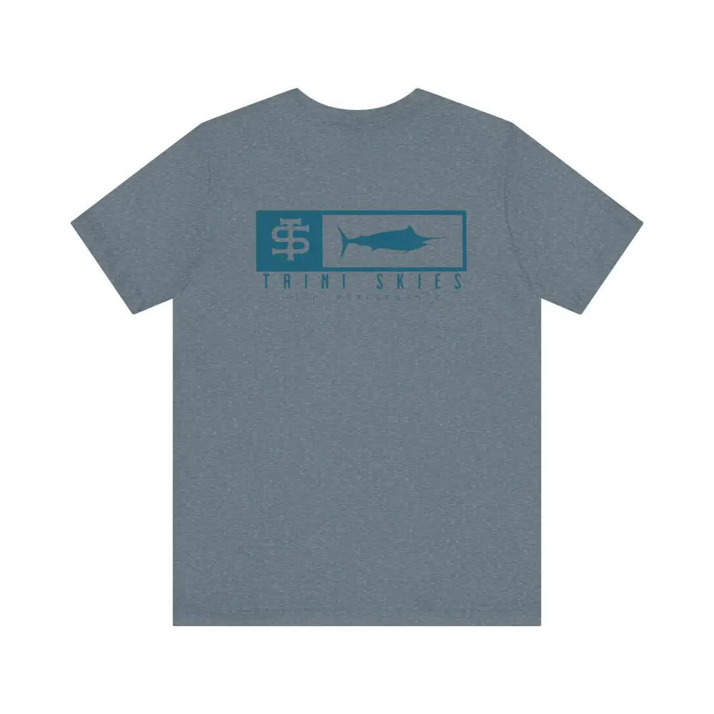 Trini skies performance fishing t-shirt with teal marlin graphic