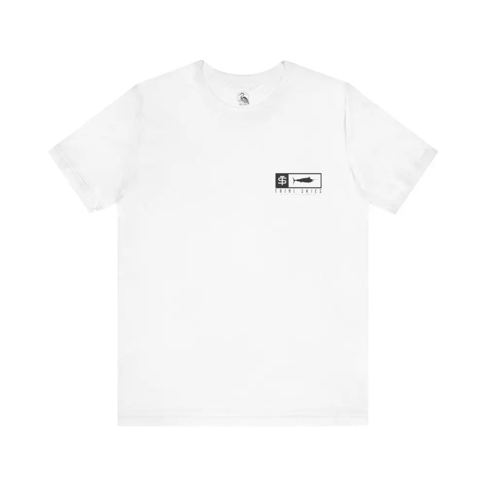 Trini Skies performance fishing t-shirt with shark logo on cotton crewneck