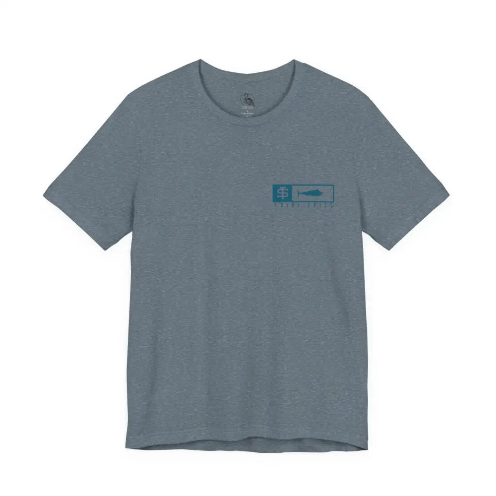 Trini Skies performance fishing t-shirt with teal trout tactics fish logo