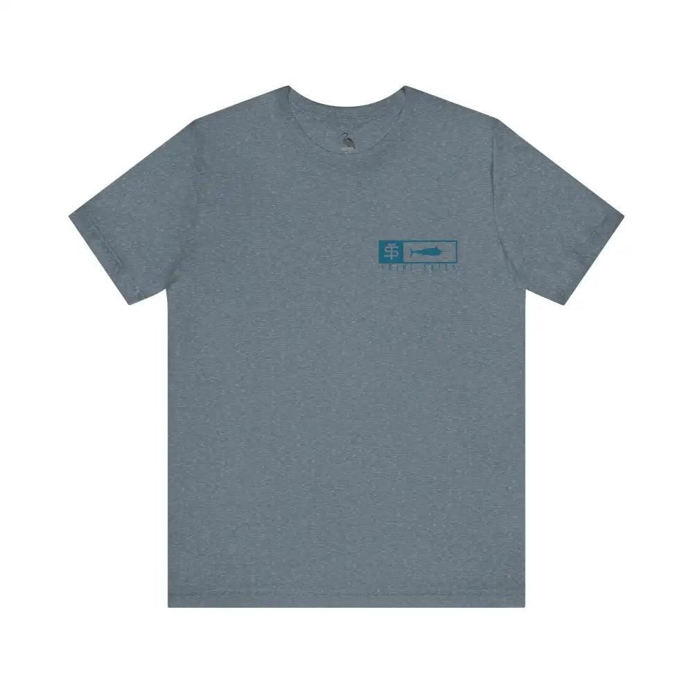 Trini skies performance fishing t-shirt with teal fish graphic