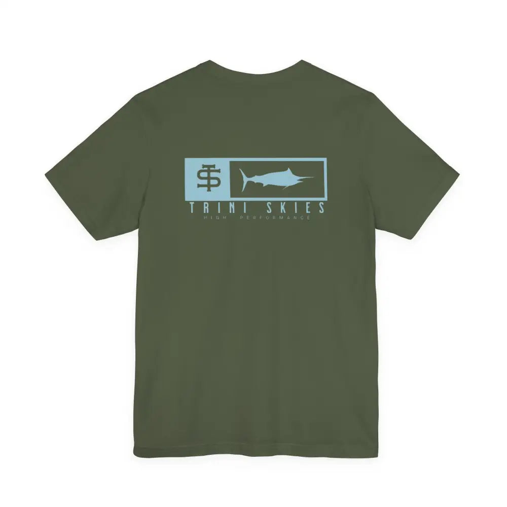 Olive green Trini Skies performance fishing t-shirt with marlin graphic