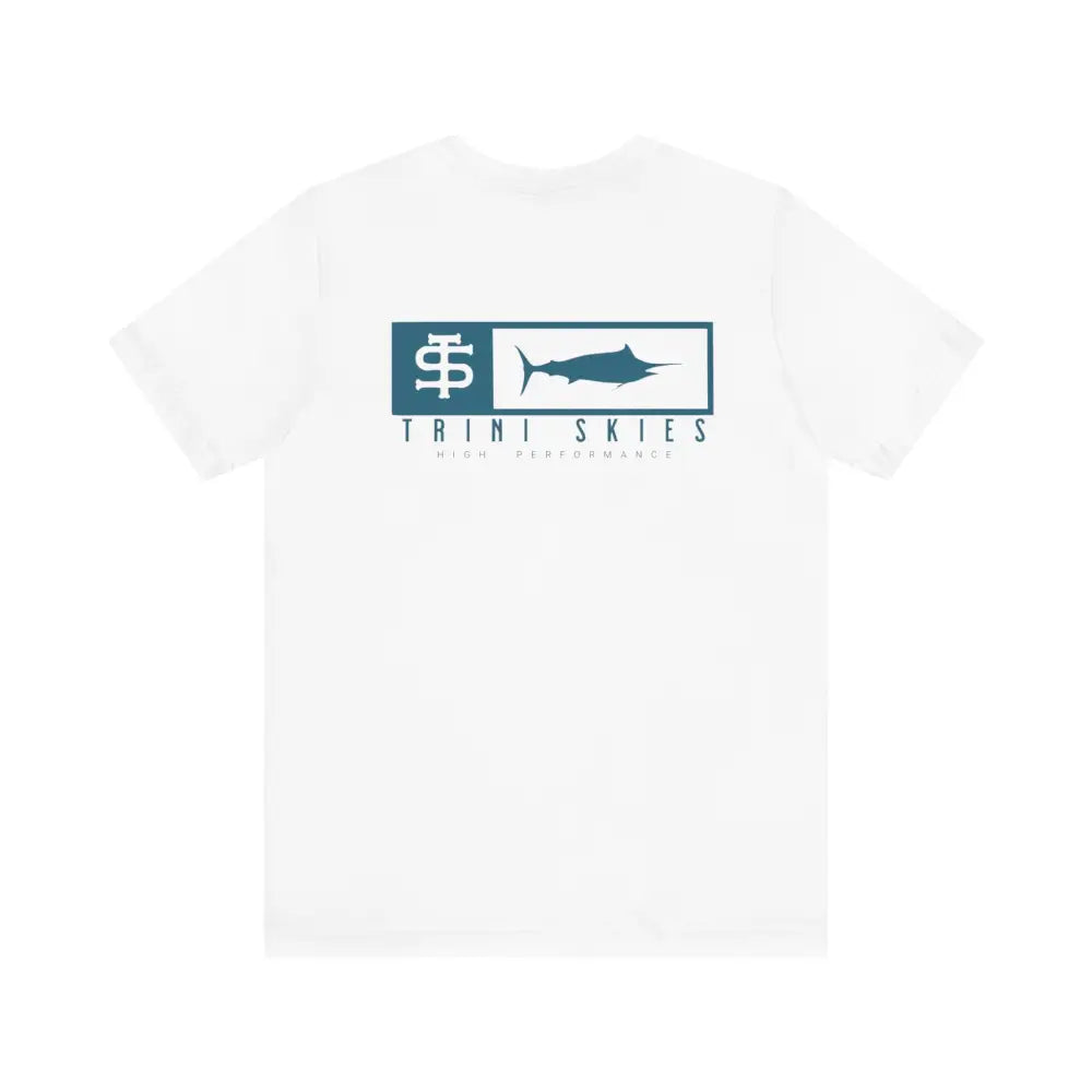 Trini skies performance fishing t-shirt with teal marlin logo