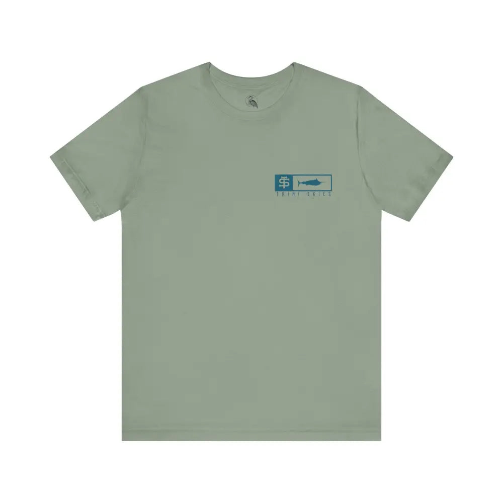 Trini skies performance fishing t-shirt in sage green with trout skips logo