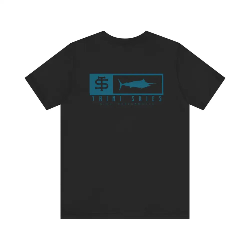 Trini skies performance fishing t-shirt with teal marlin graphic
