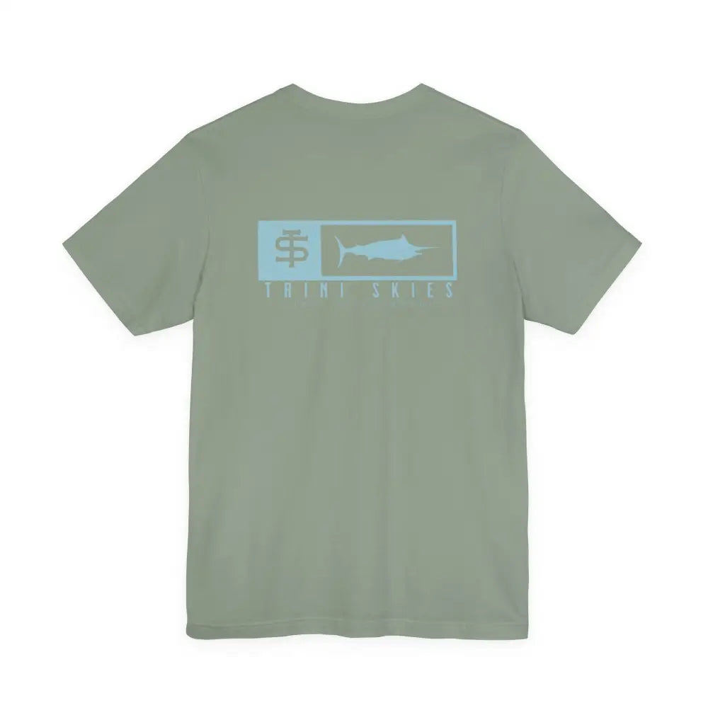 Olive green Trini Skies performance fishing t-shirt with marlin graphic