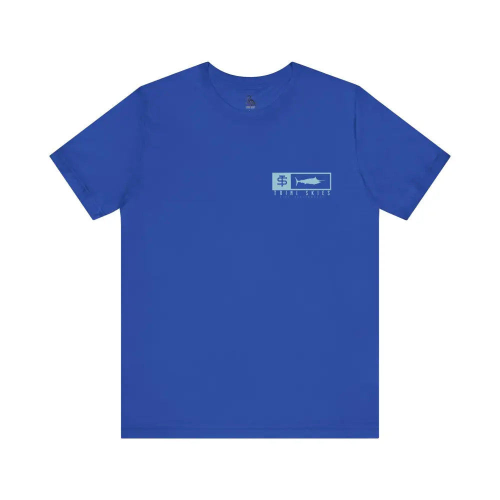Trini skies performance fishing t-shirt with royal blue marlin graphic