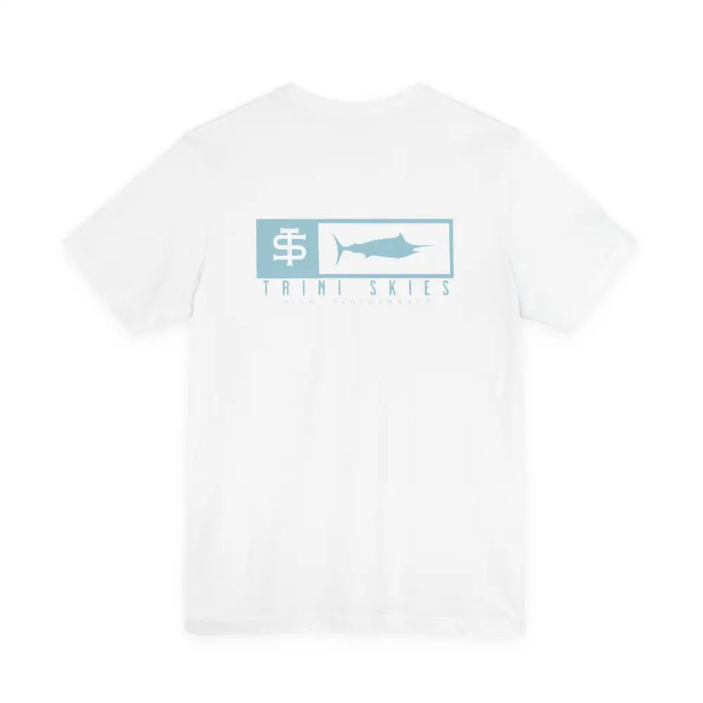 White Trini Skies performance fishing t-shirt with marlin graphic