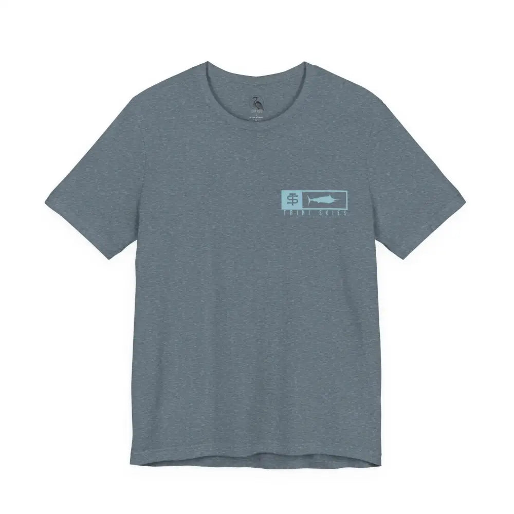 Trini Skies performance fishing t-shirt with gray heathered fish graphic