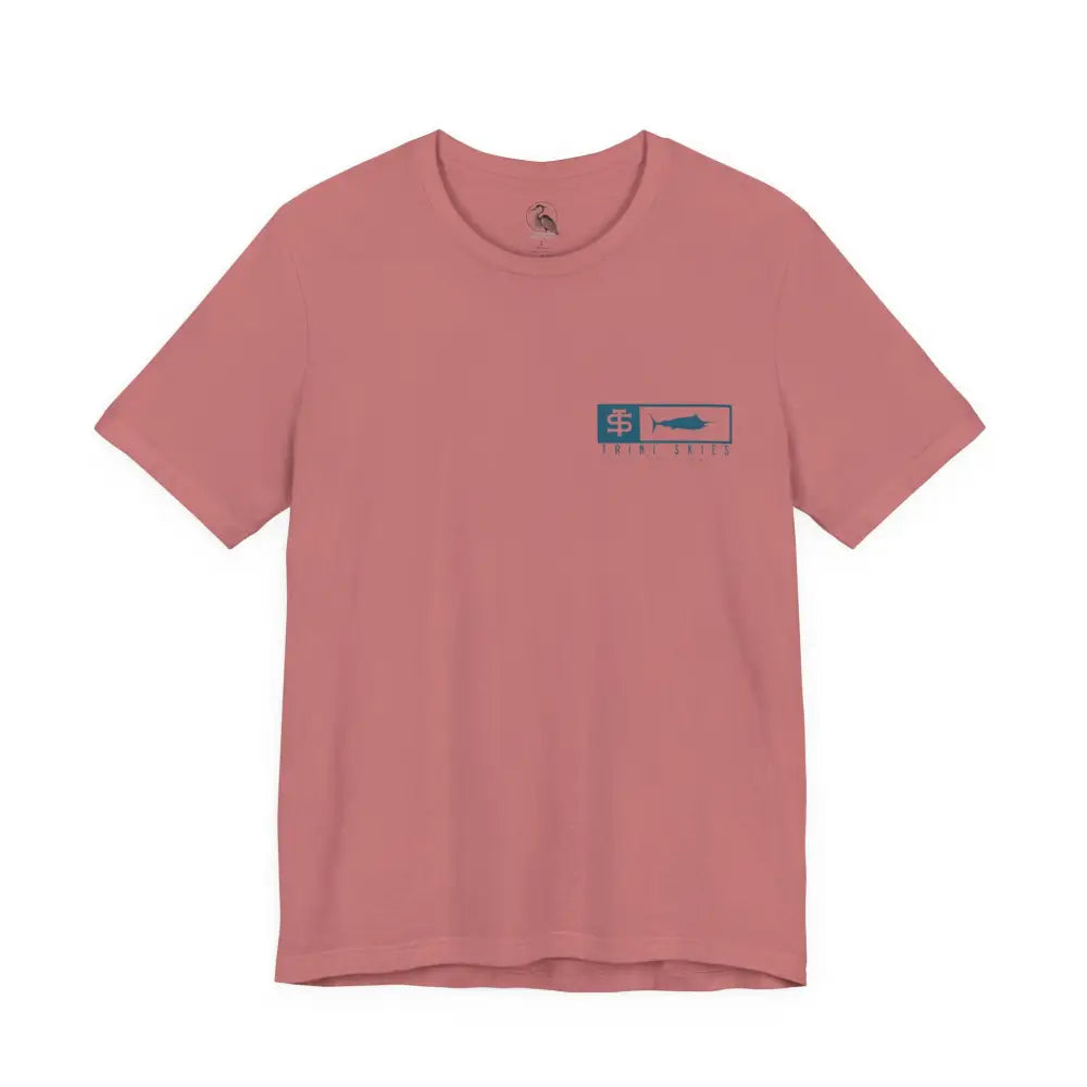 Trini Skies performance fishing t-shirt with rose color and blue fish graphic